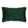 Green pillow with pom-pom trim on a white background