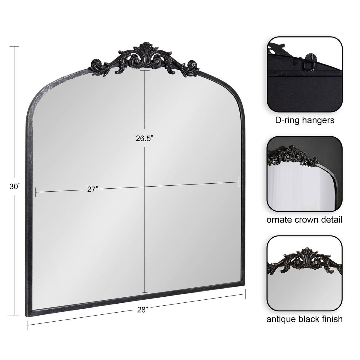 An ornate arched wall mirror with an antique black finish, shown with dimension lines indicating 28 inches wide by 30 inches tall, plus three inset detail photos on the right showing the D-ring hanger, crown detail, and finish texture.