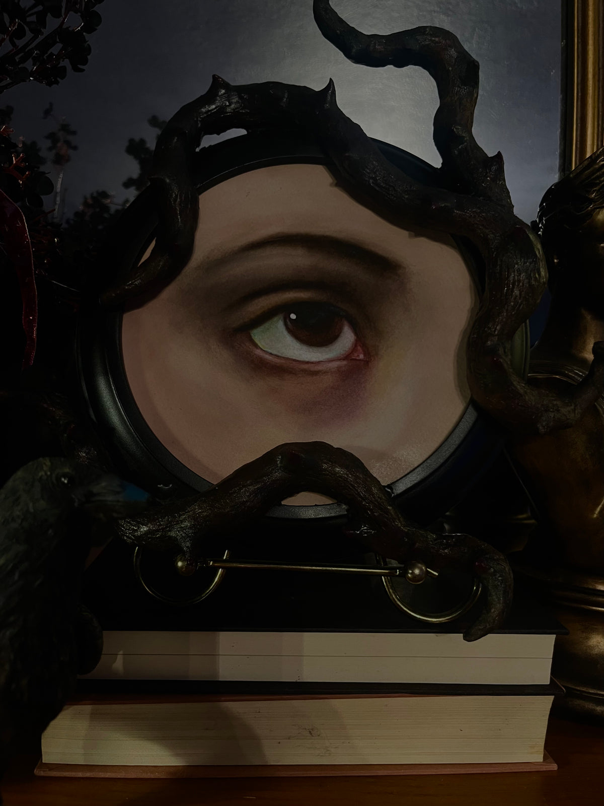 A gothic-style decorative mirror featuring a painted human eye, framed by dark twisted branches and topped with a safety pin, resting on stacked books.