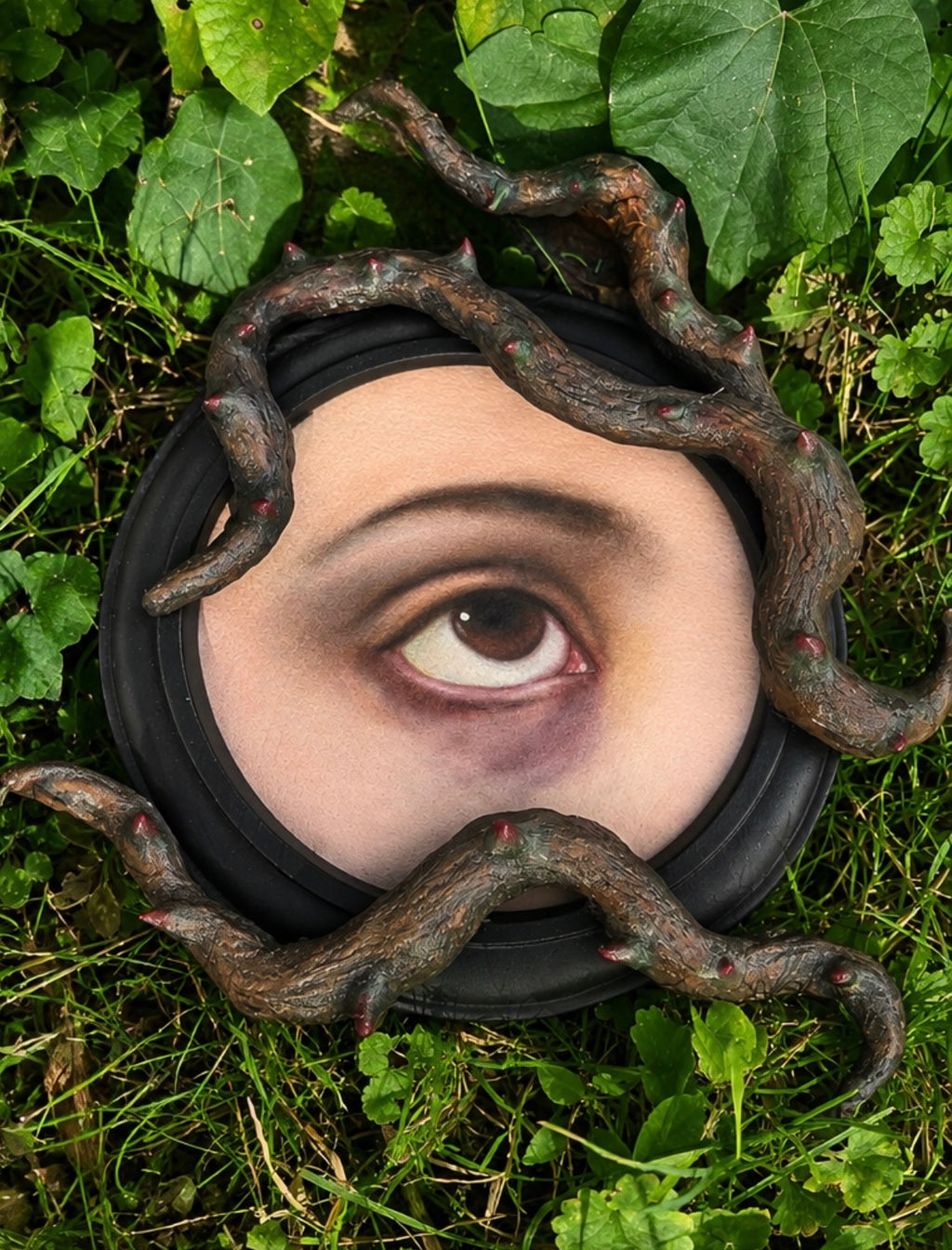 A circular black mirror or compact-like object lying on green grass and leaves, with a human eye painted on the reflective surface and dark vine-like branches wrapping around it.