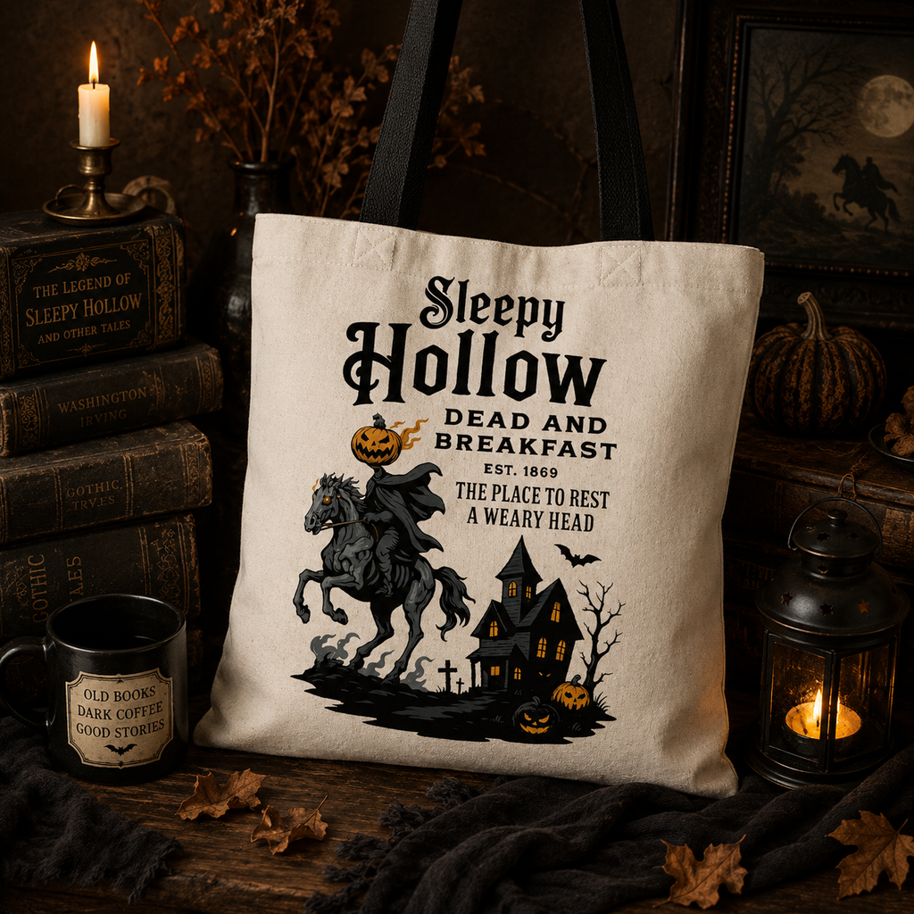 A canvas tote bag with a Halloween-themed graphic print reading 'Sleepy Hollow Dead and Breakfast' and showing a ghostly rider on a horse, set in a dark, cozy autumn scene with candles, books, and pumpkins.