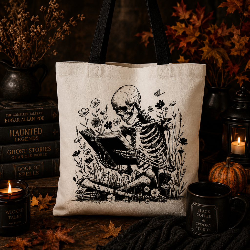 Gothic Reading Skeleton Tote