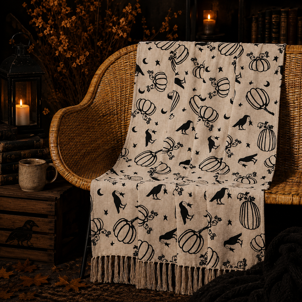 A cream-colored throw blanket with a black pumpkin, raven, and moon pattern is draped over a wicker chair in a cozy, dimly lit room with candles and autumn decor.