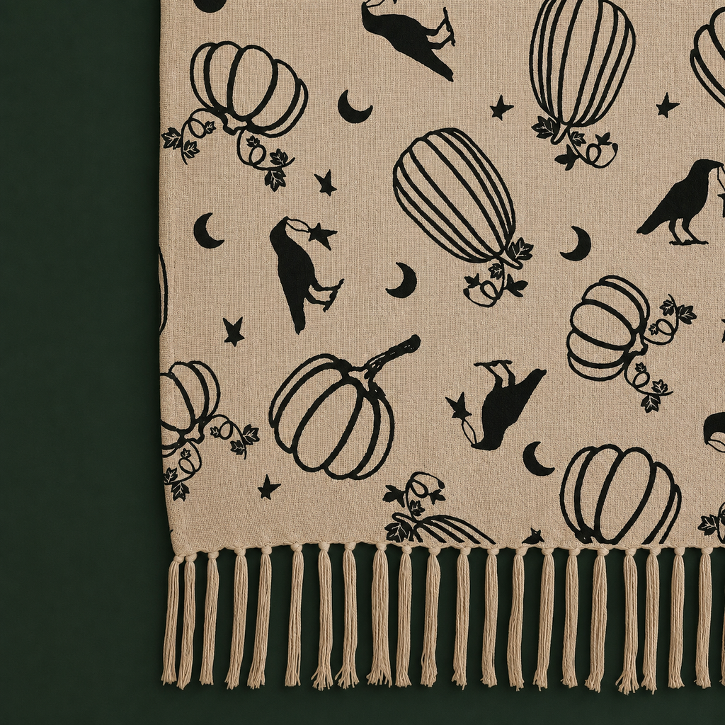 A close-up of a beige woven textile with black seasonal motifs, including pumpkins, crows, hot air balloons, stars, and crescent moons, finished with a fringed edge. The fabric is laid against a dark green background.