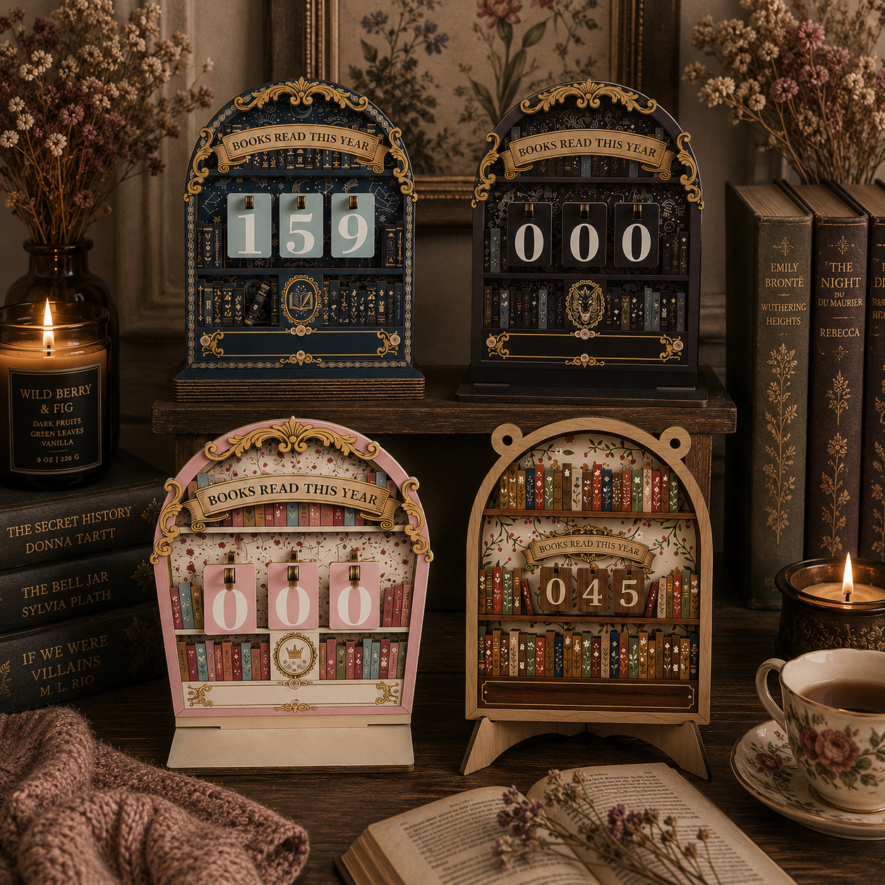Four decorative wooden bookshelf calendar displays arranged on a dark wooden table with books, dried flowers, candles, and a cup of tea in a cozy room setting.
