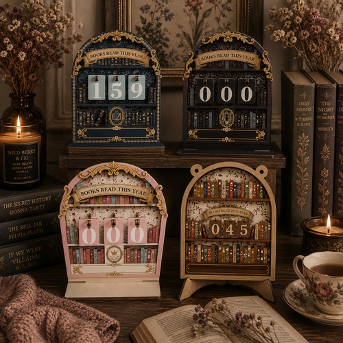 Four decorative wooden bookshelf calendar displays arranged on a dark wooden table with books, dried flowers, candles, and a cup of tea in a cozy room setting.