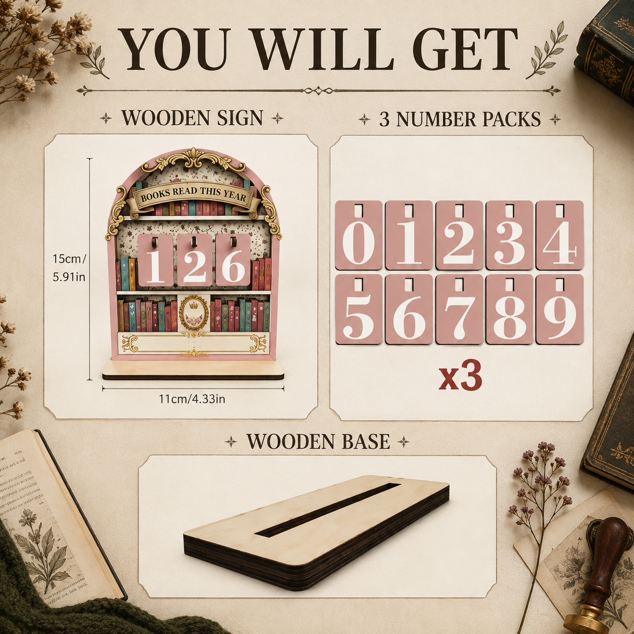 Promotional graphic for a wooden bookshelf number puzzle toy, showing the assembled wooden sign with bookshelves and numbers, three packs of wooden number tiles, and the wooden base on a styled beige background with books and dried flowers.