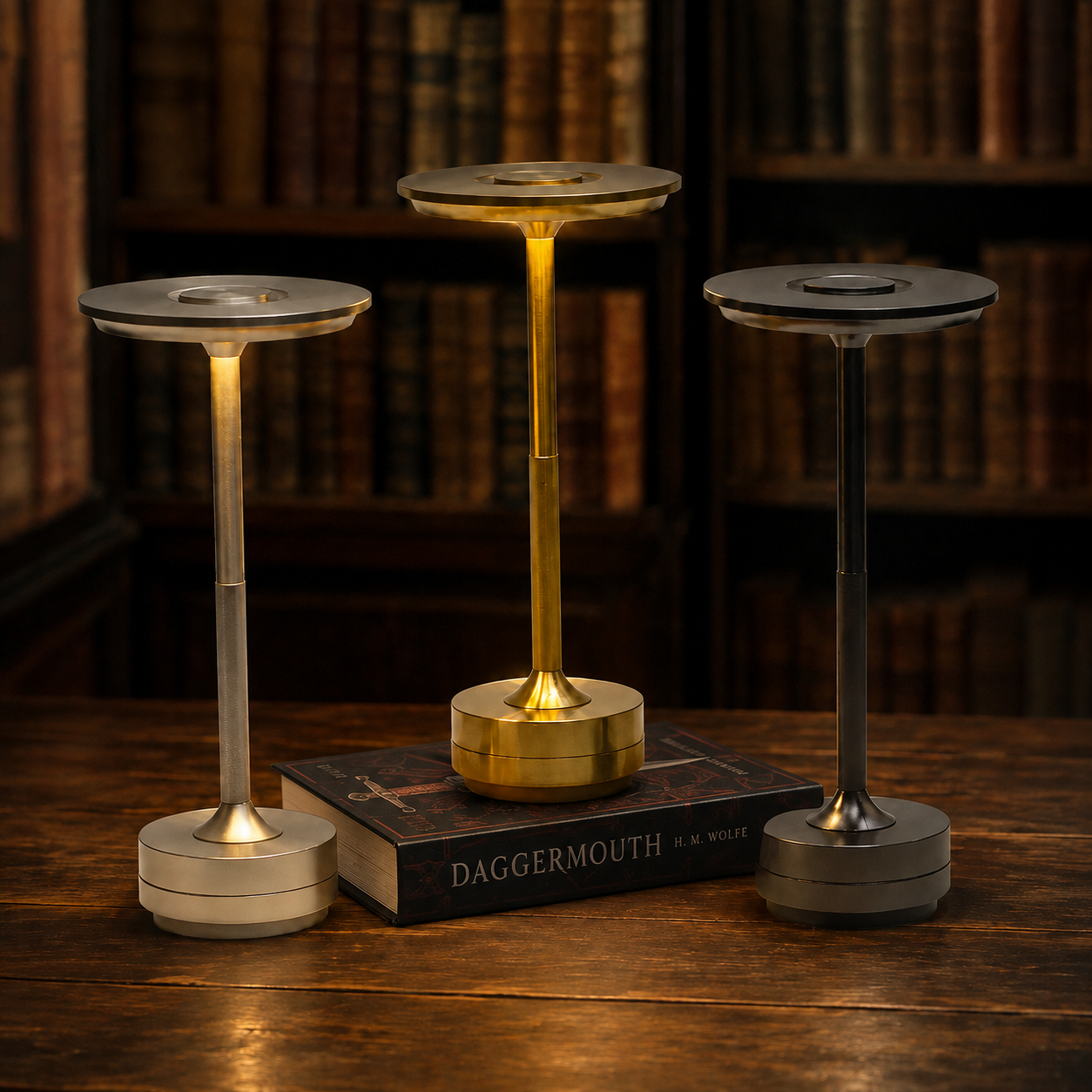 Three modern table lamps with circular shades and slim stems are arranged on a wooden table in front of a blurred bookshelf. The center lamp is lit and sits on top of a book, while the two side lamps are unlit.