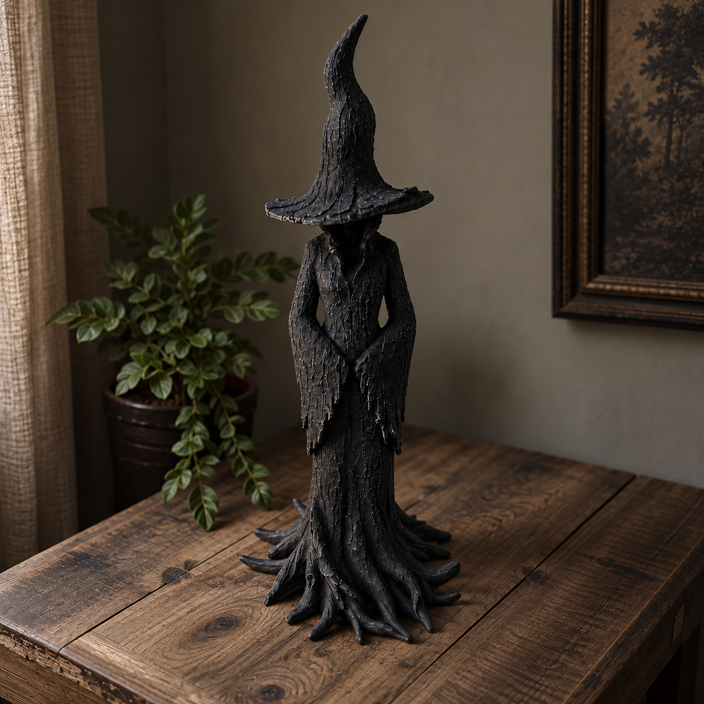 A dark, textured witch figurine with a pointed hat and tree-like trunk body, displayed on a rustic wooden table in a styled interior setting with a potted plant and framed wall art.