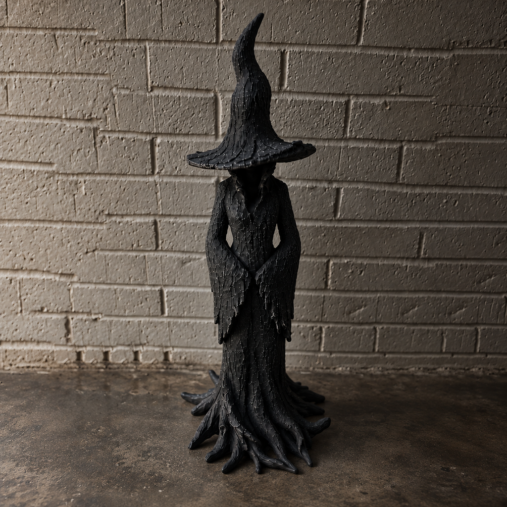 A dark, textured witch figurine with a tall pointed hat and root-like base, standing against a gray brick wall.