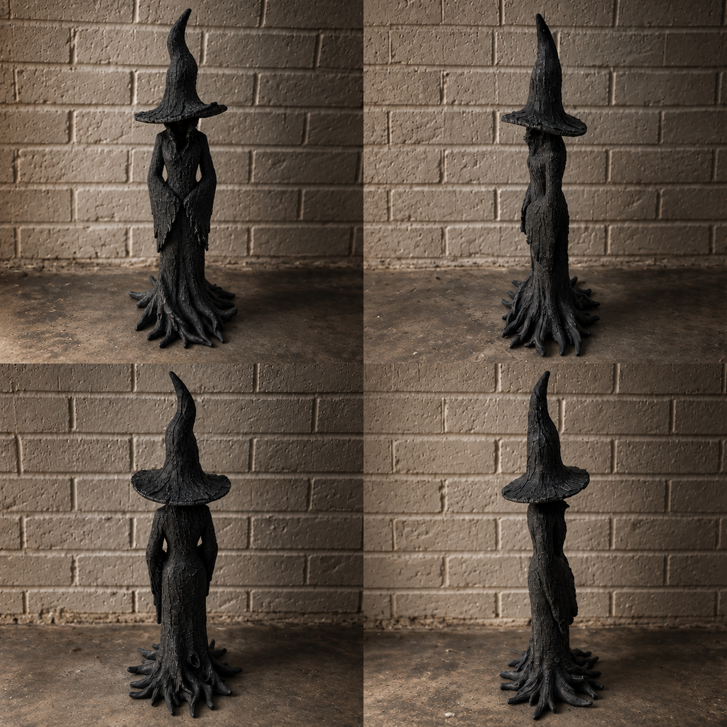 A black witch tree figurine shown in a four-panel collage from different angles, standing in front of a brown brick wall background.
