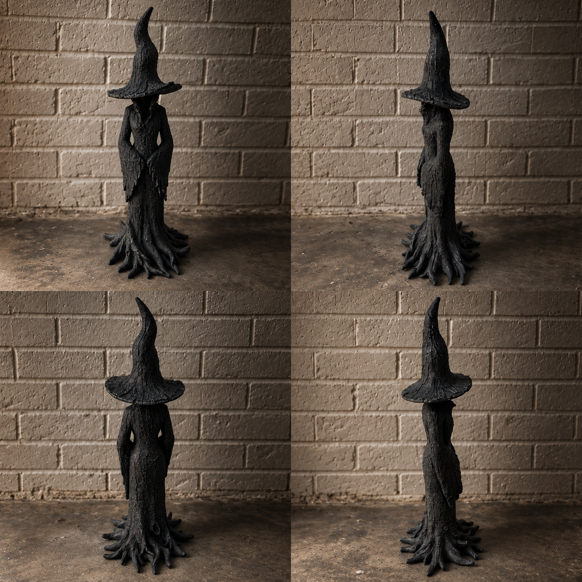 A black witch tree figurine shown in a four-panel collage from different angles, standing in front of a brown brick wall background.