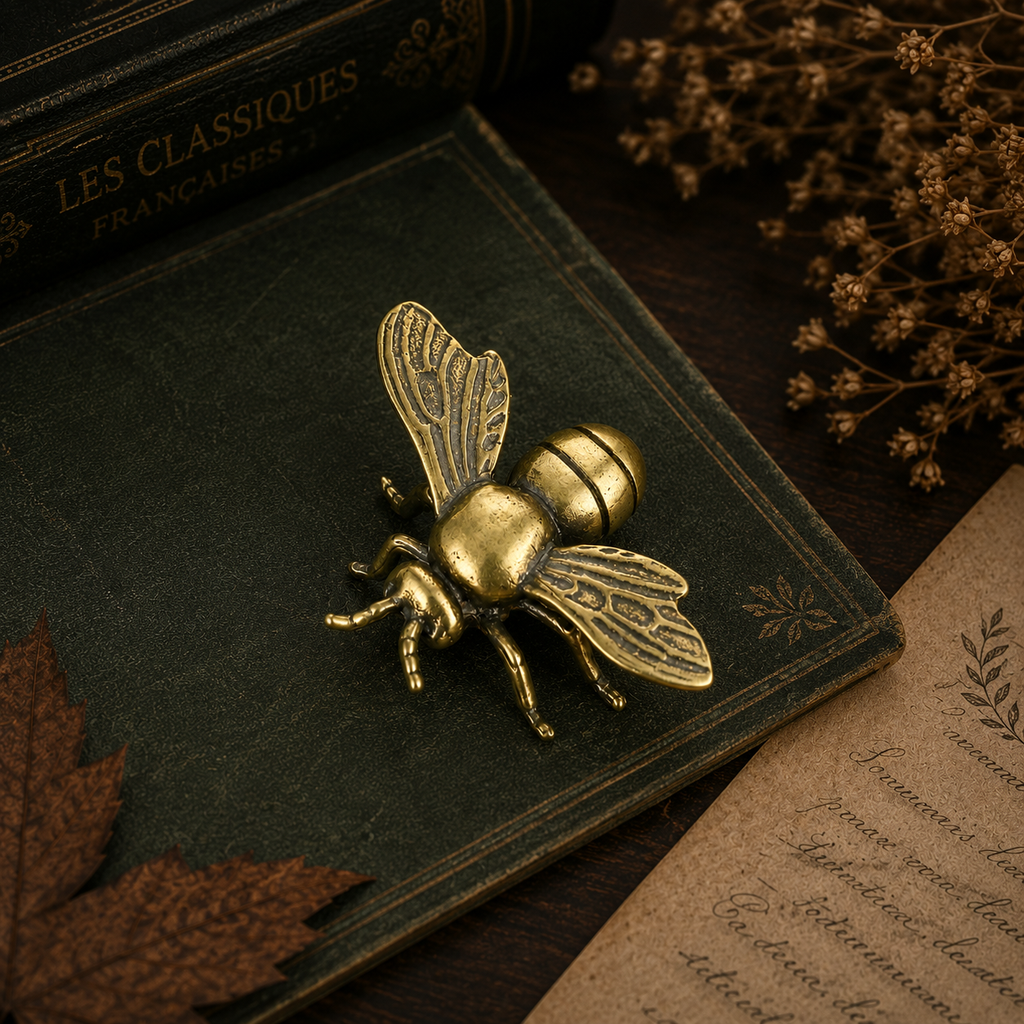 A brass bee-shaped book end resting on a dark green vintage book, surrounded by dried flowers and an old paper page on a dark wooden table.