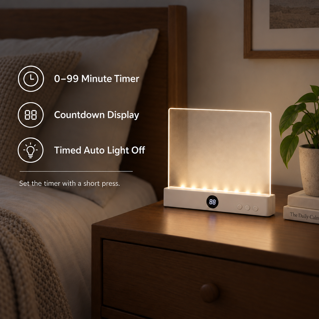 A white rectangular LED night light with a digital display and control buttons sits on a wooden bedside table in a bedroom setting. The night light is turned on, casting a warm glow, with a plant and framed picture in the background.