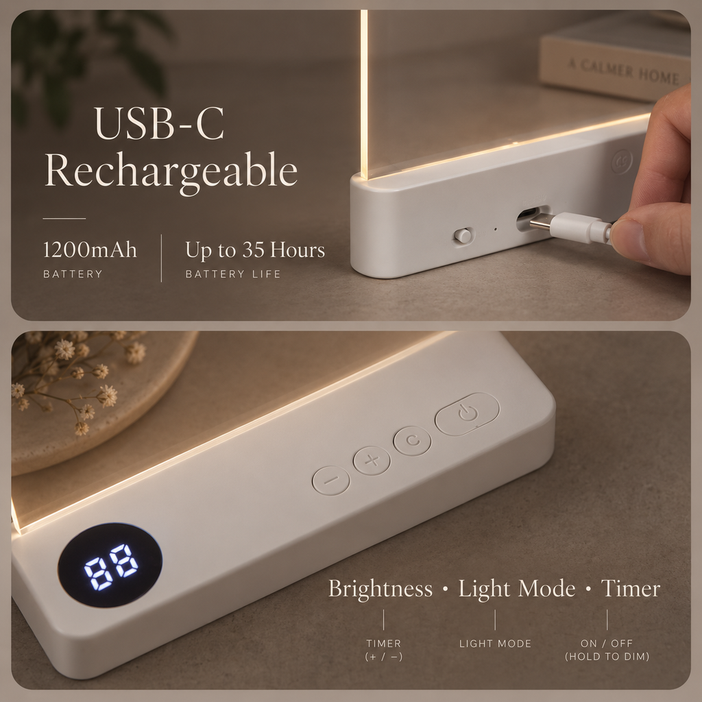 A white USB-C rechargeable LED desk lamp shown in a styled home setting, with a hand plugging a cable into its charging port. The image features text overlays highlighting '1200mAh Battery', 'Up to 35 Hours Battery Life', and 'Brightness • Light Mode • Timer'.