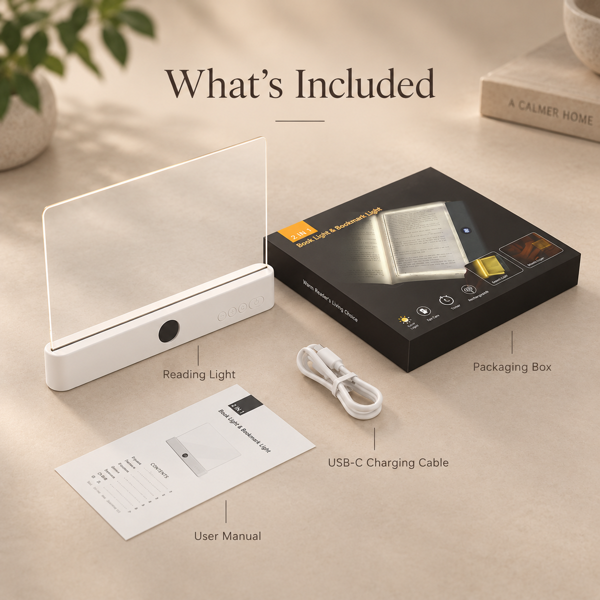A reading light set displayed on a beige tabletop with its packaging box, USB-C charging cable, user manual, and the reading light itself. Text at the top reads 'What's Included' with labels pointing to the reading light, packaging box, USB-C charging cable, and user manual.