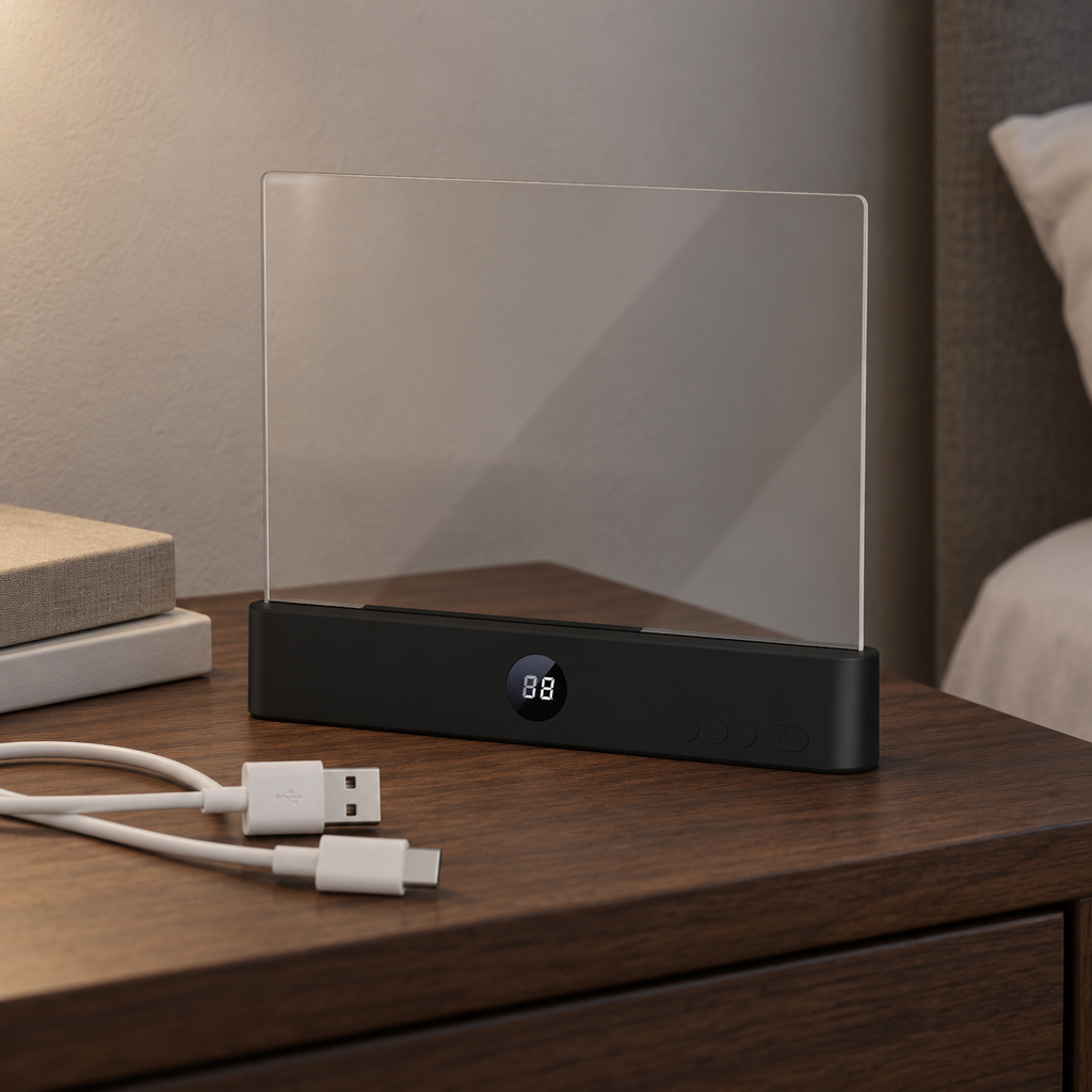 A black electronic device with a clear rectangular panel on top and a small digital display, shown on a wooden bedside table with a white charging cable nearby. The background includes a bed and wall.