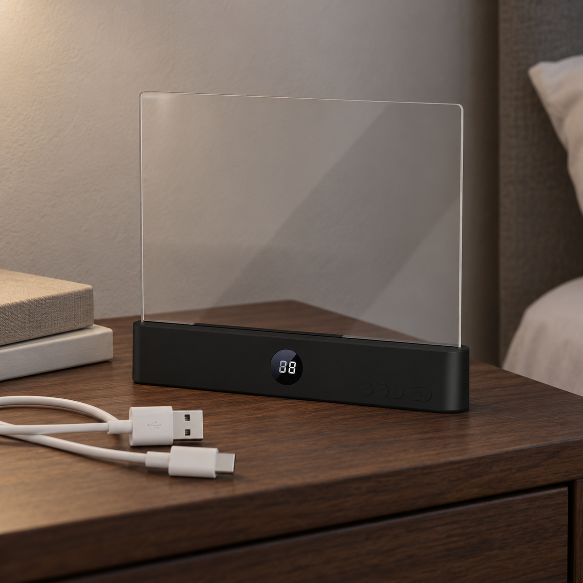 A black electronic device with a clear rectangular panel on top and a small digital display, shown on a wooden bedside table with a white charging cable nearby. The background includes a bed and wall.