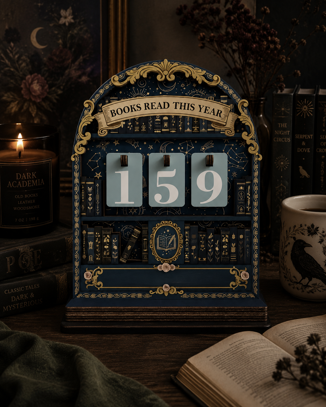 A decorative vintage-style flip calendar styled on a dark wooden table, displaying the number 159. The calendar is navy blue with ornate gold detailing and book illustrations.