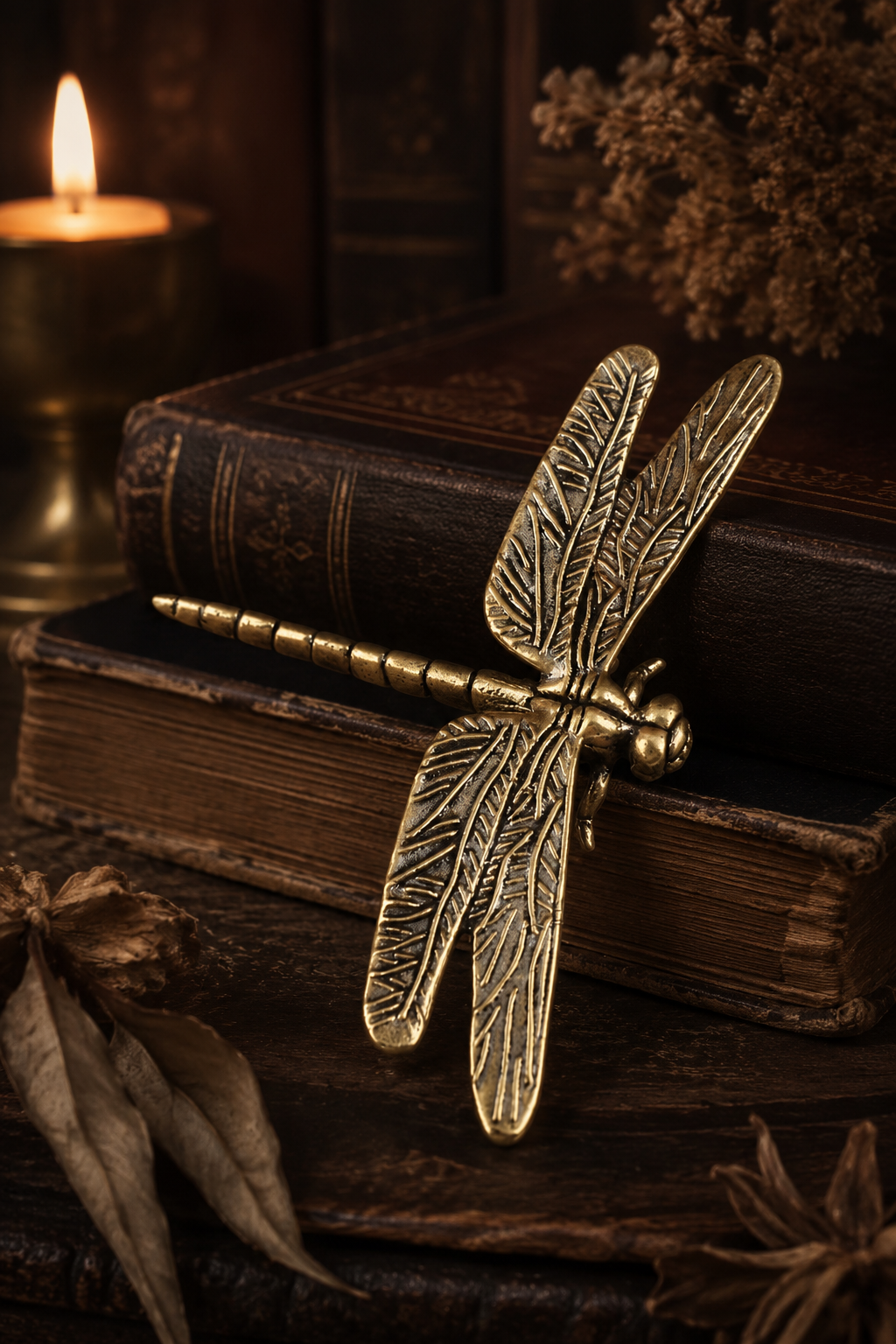 An antique-style brass dragonfly figurine resting on top of two vintage dark leather-bound books, with a warm lit candle and dried botanicals in the background.