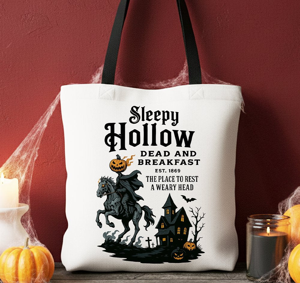 Halloween-themed tote bag with 'Sleepy Hollow' design on a red background