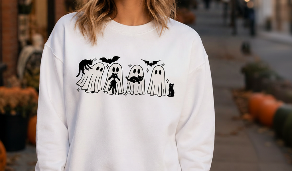 A woman wearing a white crewneck sweatshirt with a black graphic of cute cartoon ghosts, a cat, a bat, and a skeleton. The background is a blurred outdoor autumn street scene.