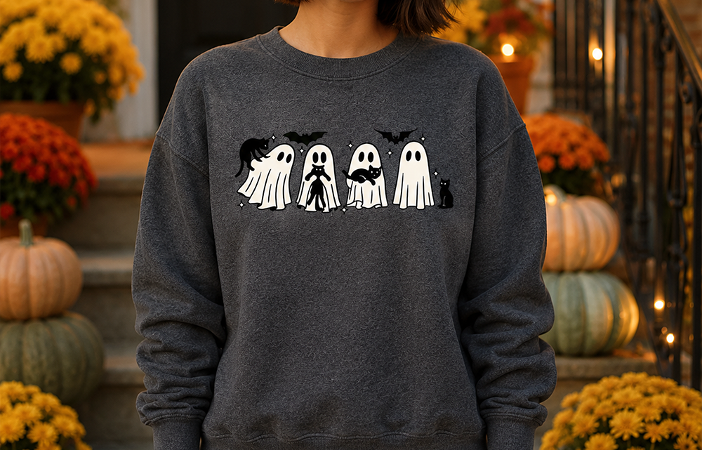 A woman wearing a dark gray crewneck sweatshirt with a white and black ghost graphic on the front, standing in front of a decorated outdoor staircase with pumpkins and yellow flowers.
