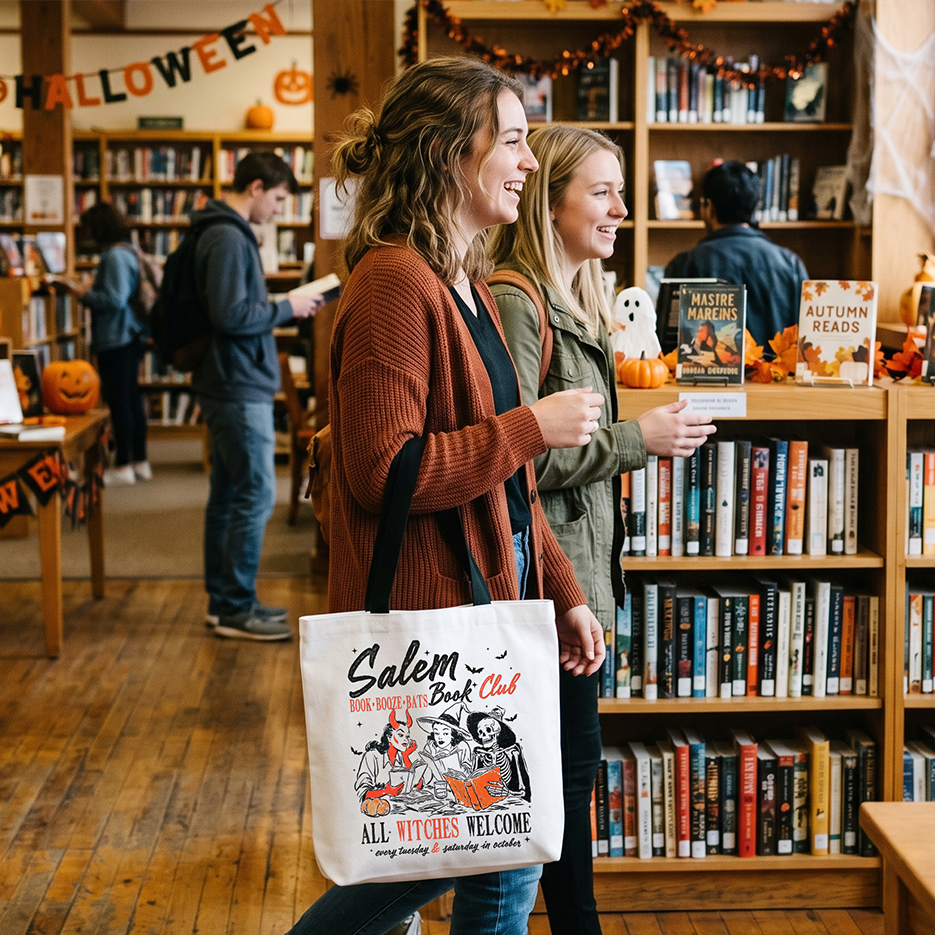 Two women in a bookstore with a 'Salem Witches' bag and books.
