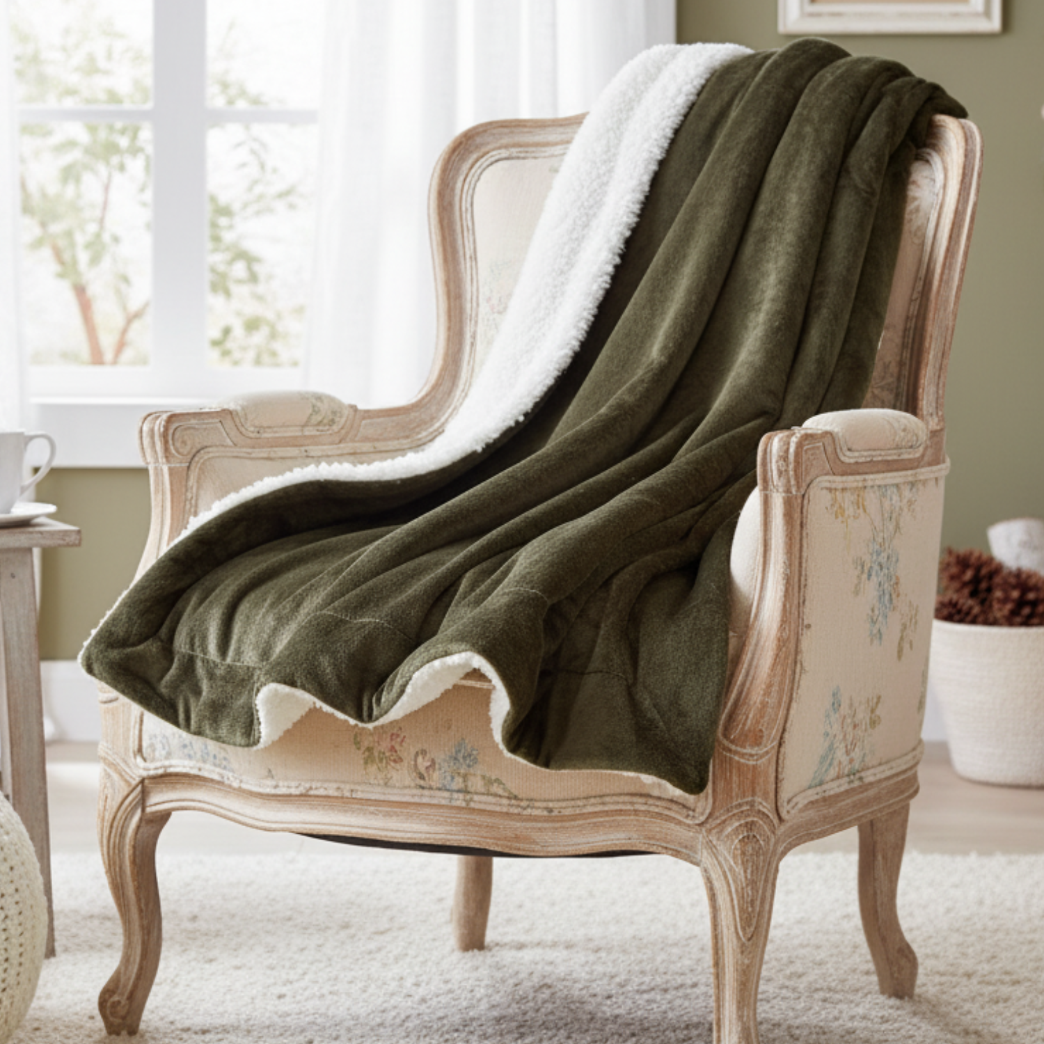 Green blanket draped over a decorative chair in a cozy room.