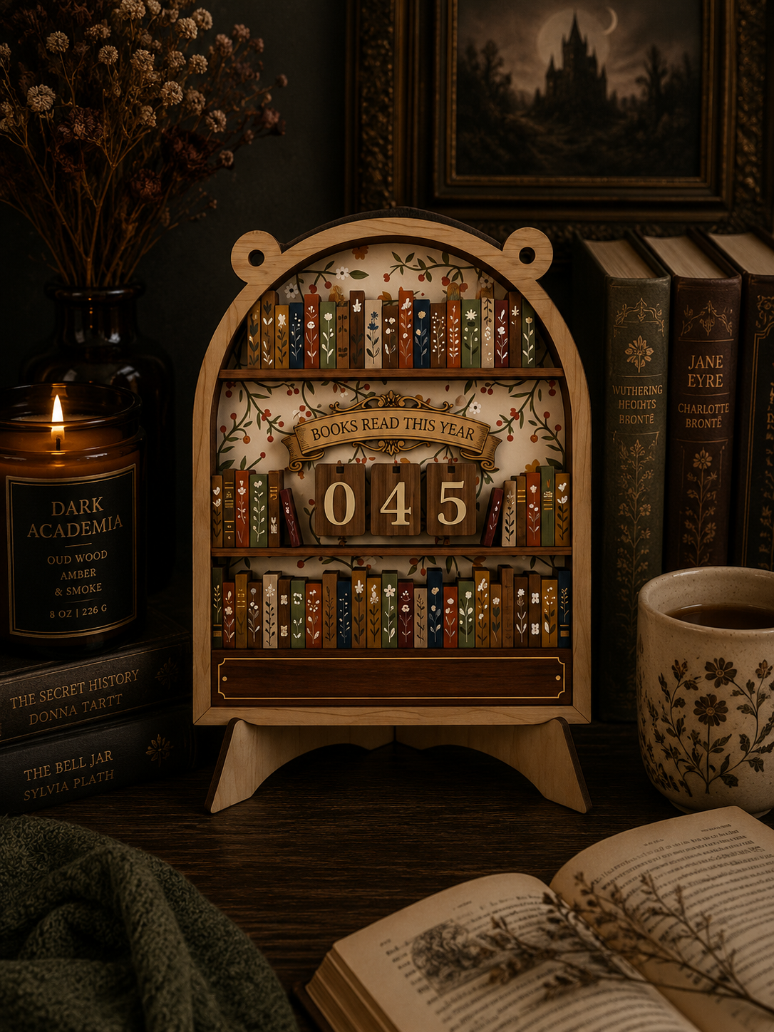 A decorative wooden bookshelf night light with miniature book spines, a year-counting display, and a candle holder, styled on a dark wooden table with books, a mug, and dried flowers.