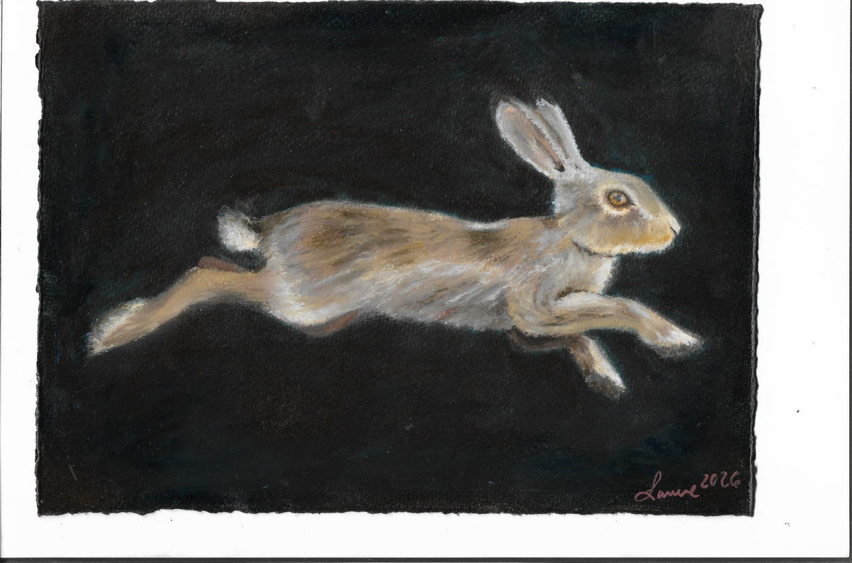 A painted artwork of a leaping rabbit in profile on a dark black background, with visible brush texture and a white border around the artwork.