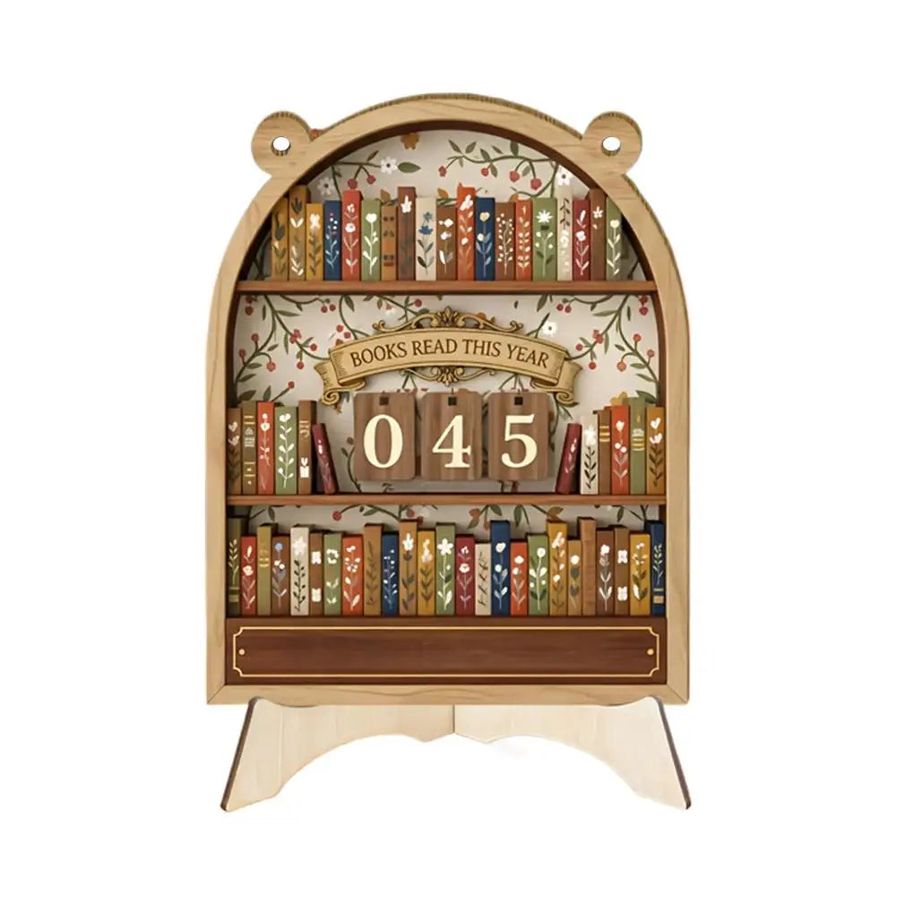 Wooden bookshelf decoration with books and a counter displaying '045' on a white background