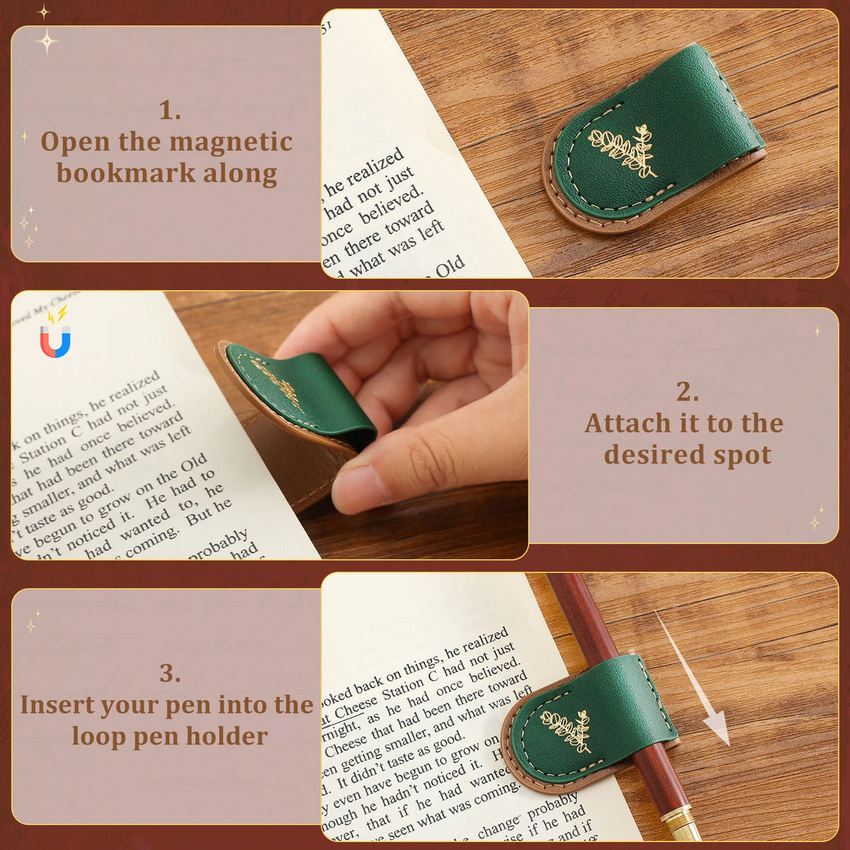 Three-panel instructional collage showing how to use a green leather bookmark holder: open the magnetic bookmark along the edge, attach it to a book, and insert a pen into the loop pen holder.