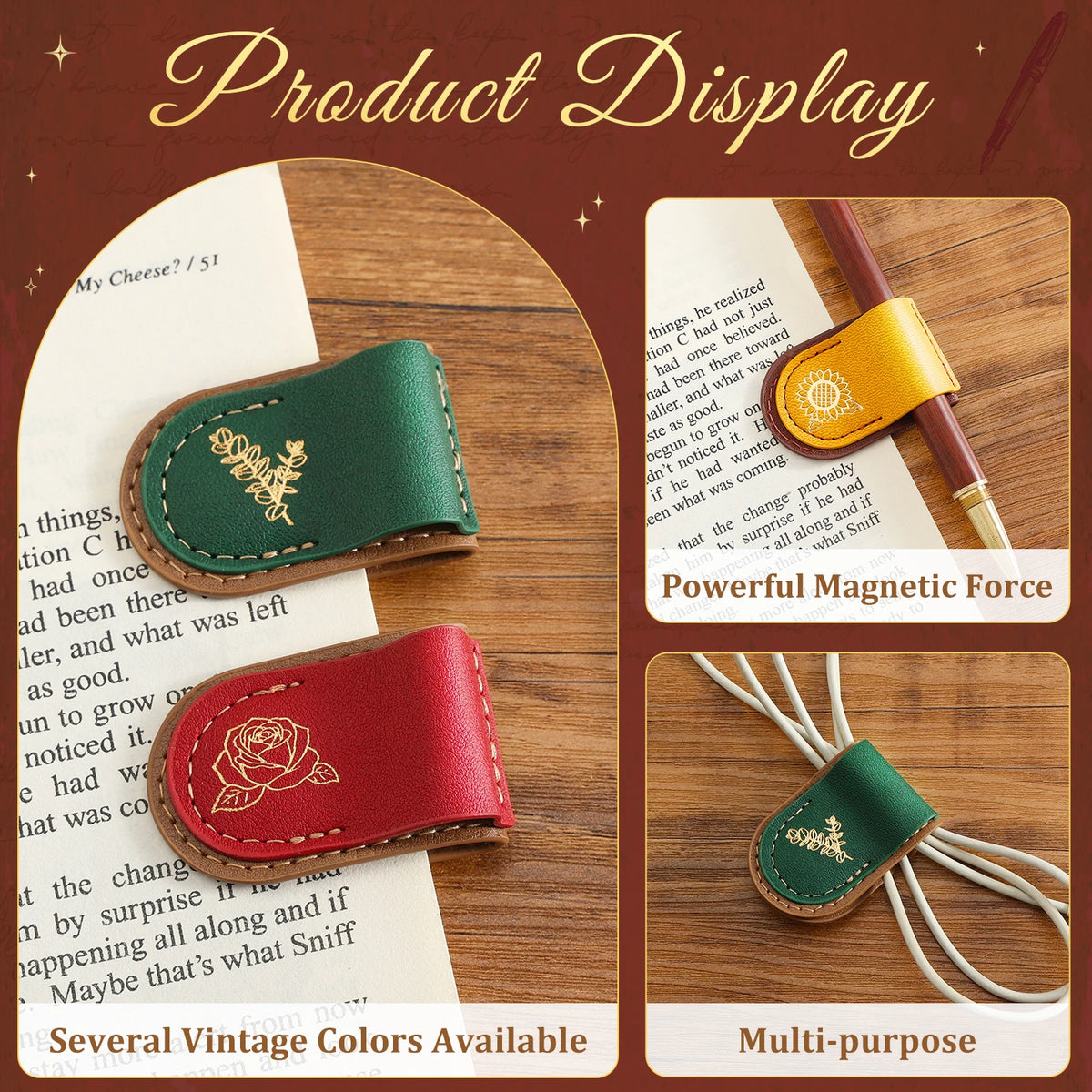 Product display collage showing two leather bookmark holders, one green and one red, both with gold rose and vine engravings, placed on book pages. Text reads 'Product Display,' 'Powerful Magnetic Force,' 'Several Vintage Colors Available,' and 'Multi-purpose.