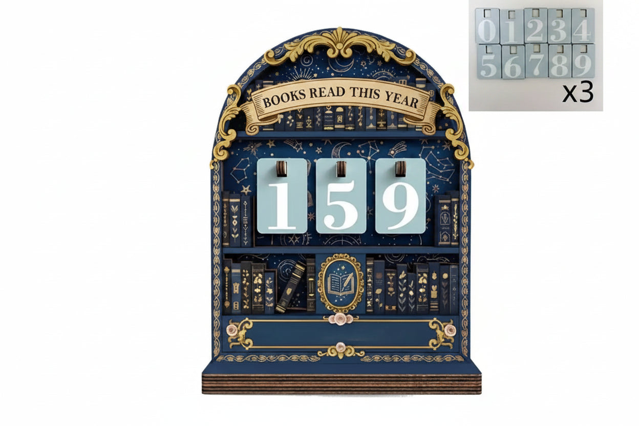 Decorative bookshelf with 'Books Read This Year' display and number blocks.