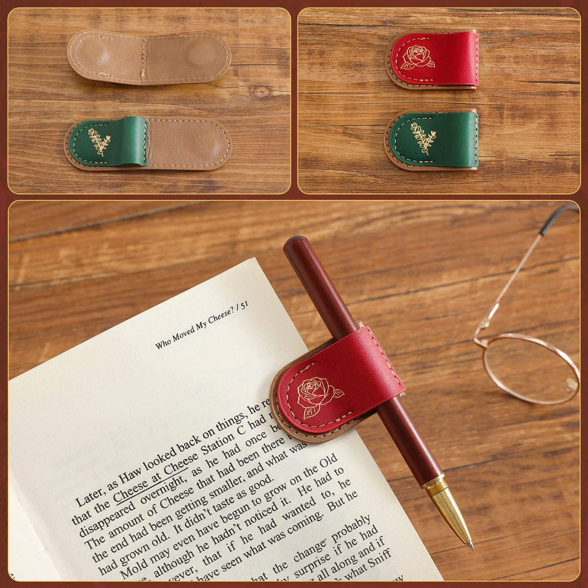 A collage showing a leather pen holder with a rose emblem, displayed in three views: two top insets showing the holder alone in tan and green leather, and one large bottom photo showing it holding a dark red pen on an open book, with eyeglasses nearby on a wooden tabletop.