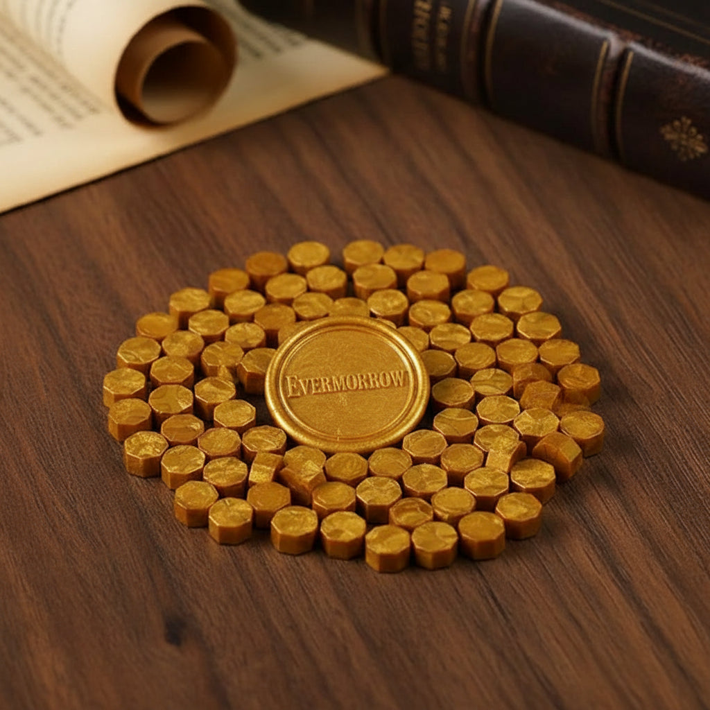 A pile of small metallic gold hexagonal beads with one larger round gold medallion featuring an embossed star and geometric pattern, arranged on a light gray background.