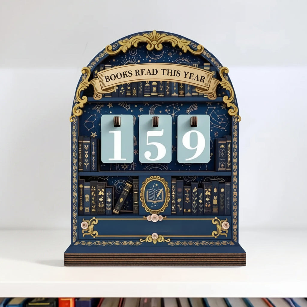 Decorative bookshelf calendar with 'Books Read This Year' display on a white background
