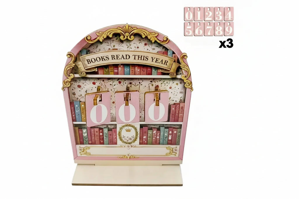 Decorative bookshelf with 'Books Read This Year' display on a white background