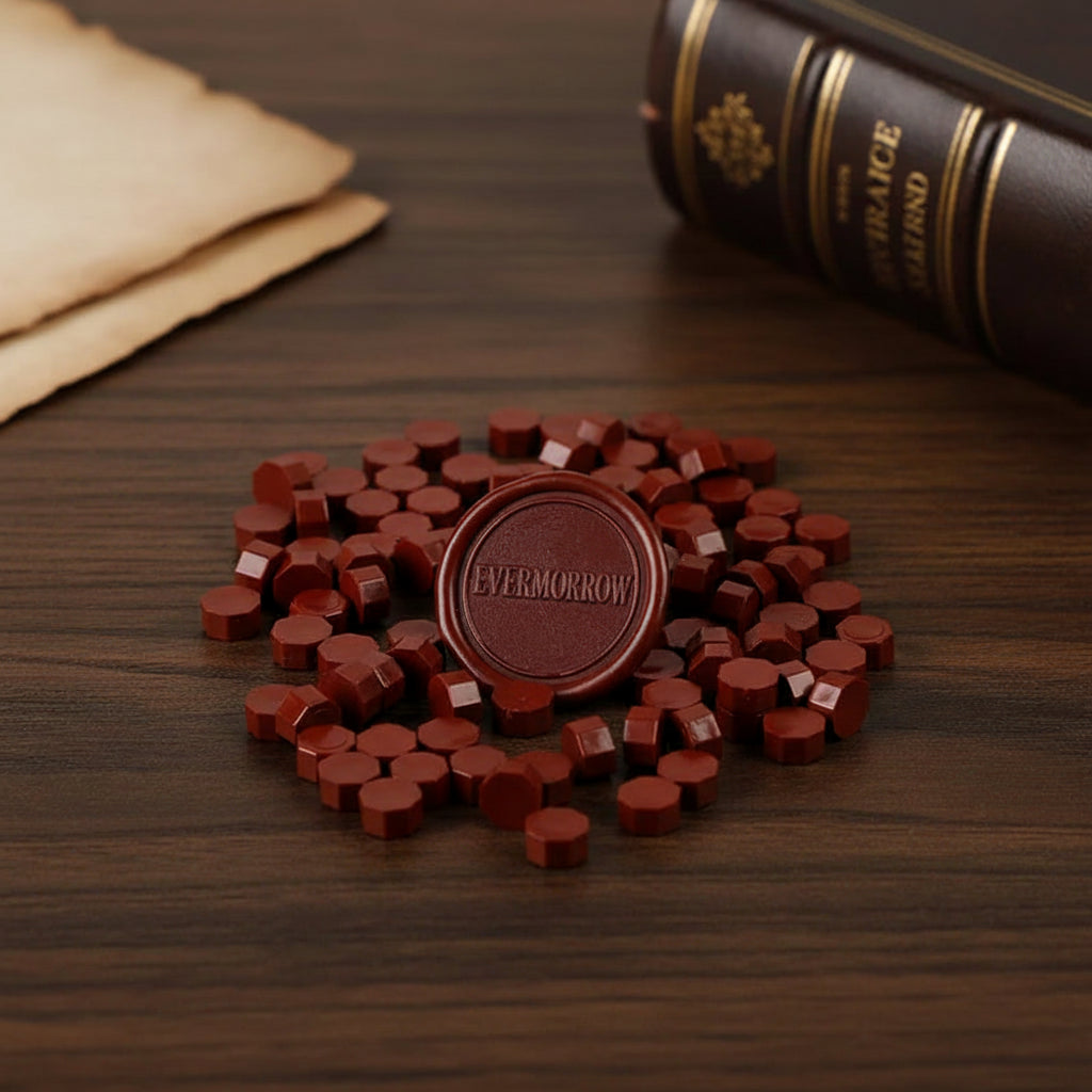Brown wax seal surrounded by smaller red wax seals on a white background