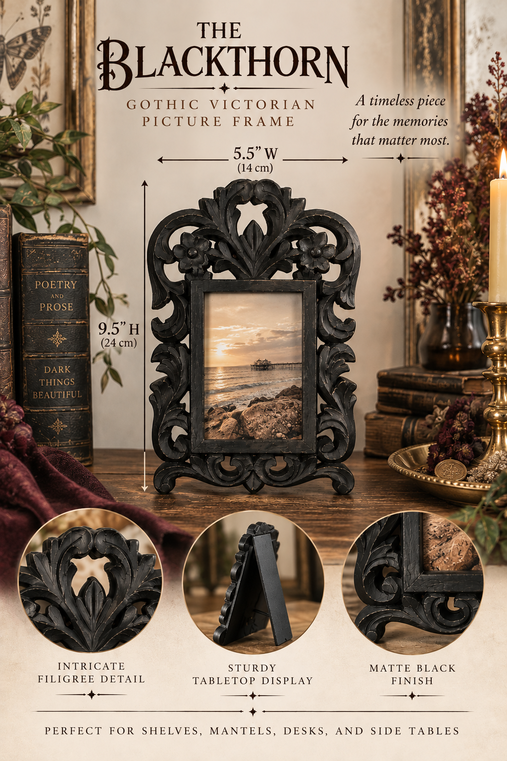 An ornate gothic Victorian-style picture frame in matte black, shown in a styled home decor setting with books, candles, and dried flowers. The image includes dimension callouts showing 5.
