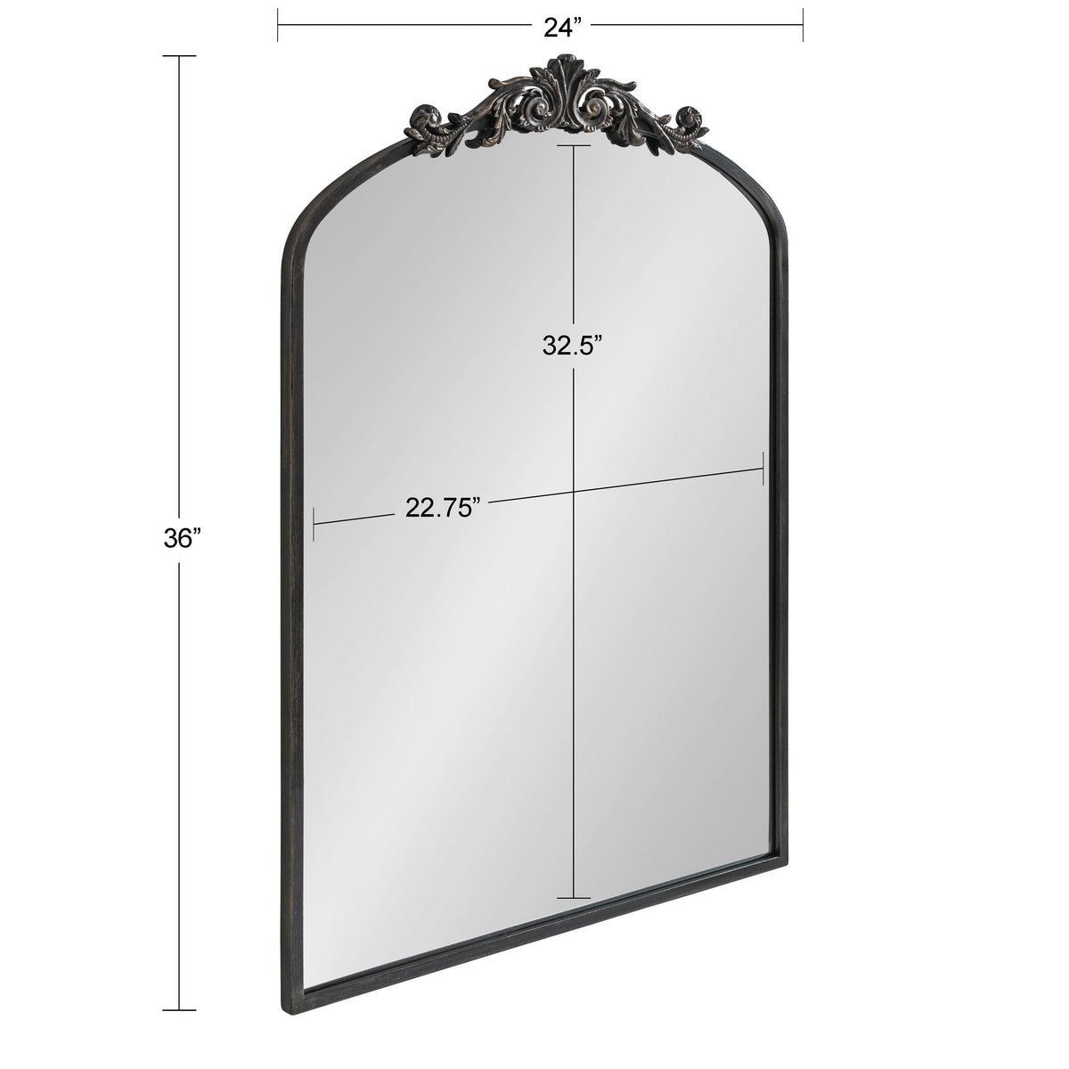 Decorative wall mirror with ornate frame and measurements on a white background