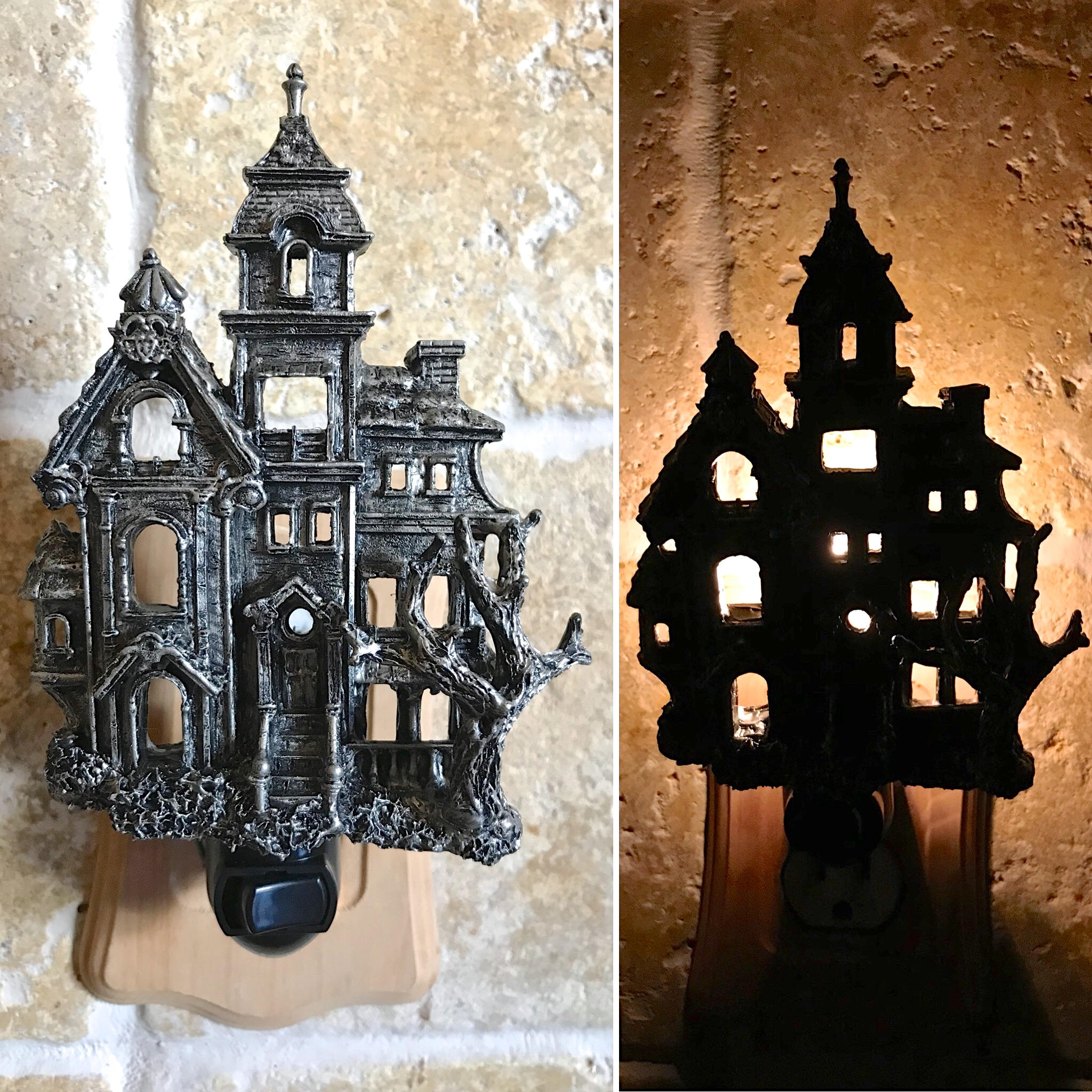 Halloween-themed house-shaped night light on a neutral background
