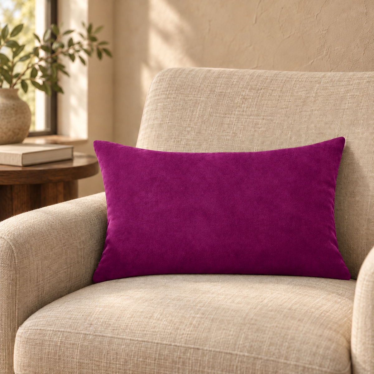 purple reading nook velvet lumbar pillow, plain edges