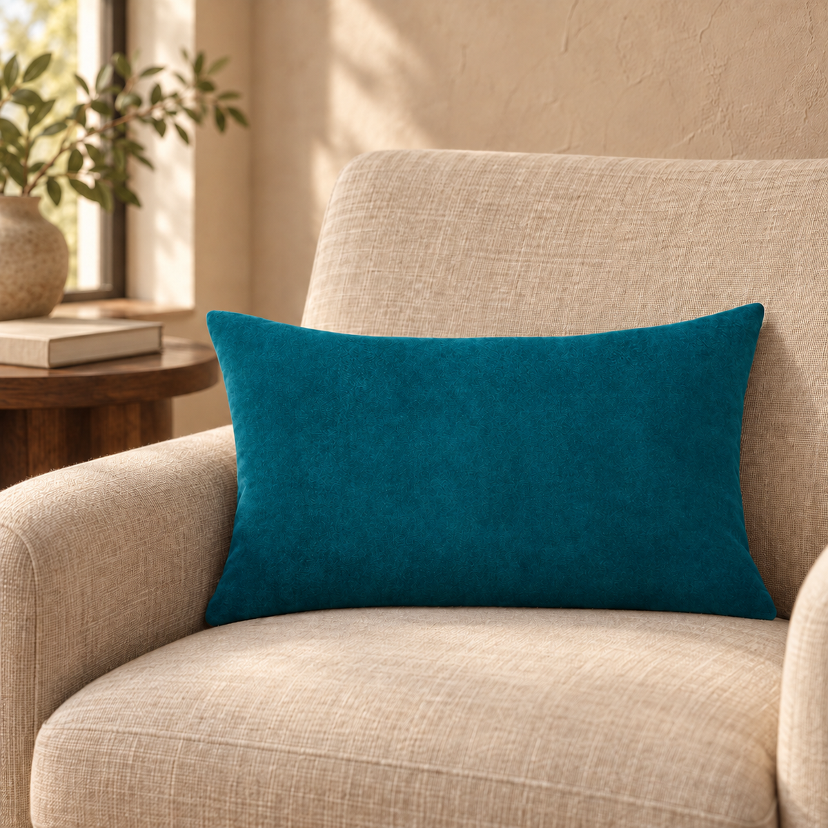 teal reading nook velvet lumbar pillow, plain edges