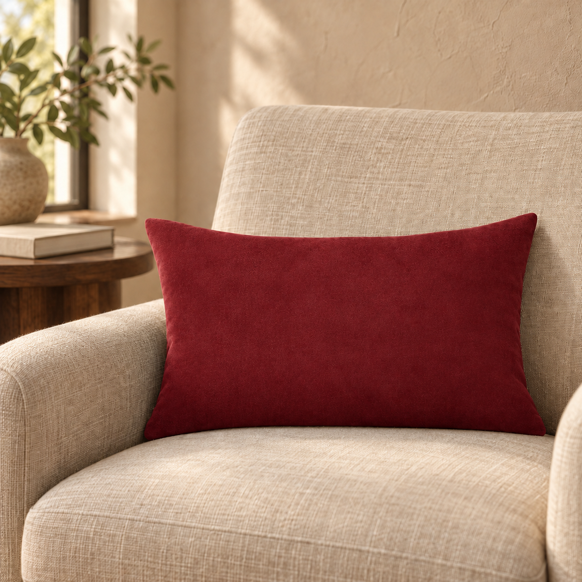 wine red reading nook velvet lumbar pillow, plain edges