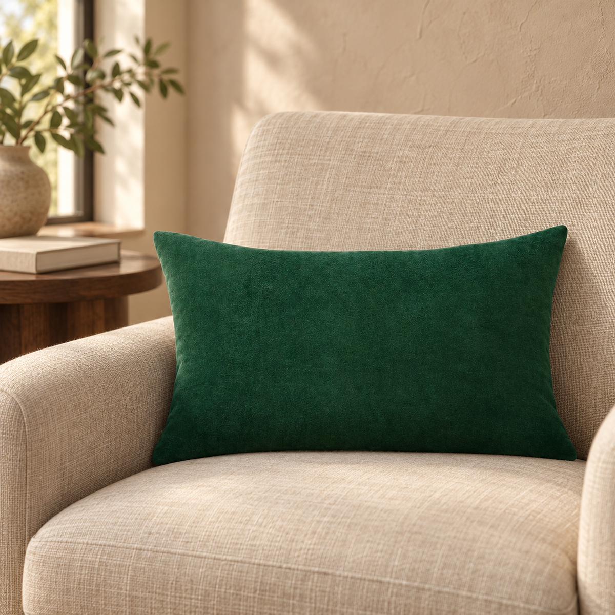 Green velvet lumbar pillow styled on an oatmeal armchair