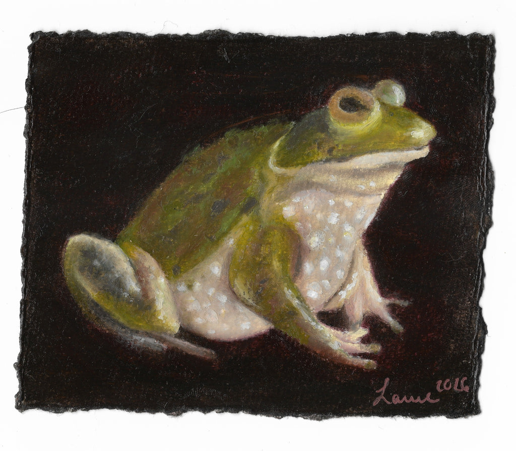 A square oil painting of a green and cream-colored frog on a dark, textured black background, signed 'Lori 2015' in the bottom right corner.