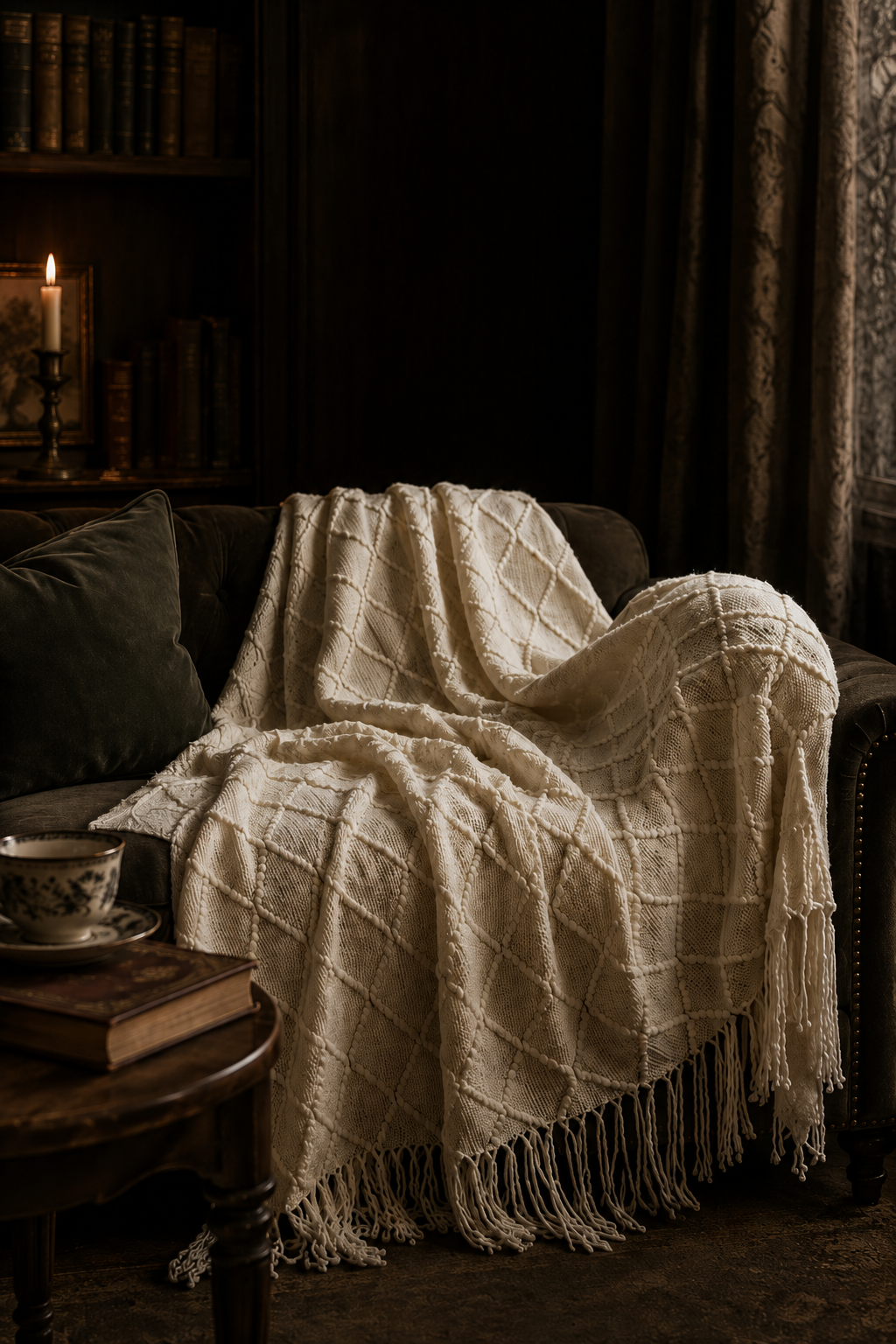 A cream-colored textured throw blanket with fringe, draped over a dark sofa in a dimly lit, cozy room with a bookshelf and candle in the background.