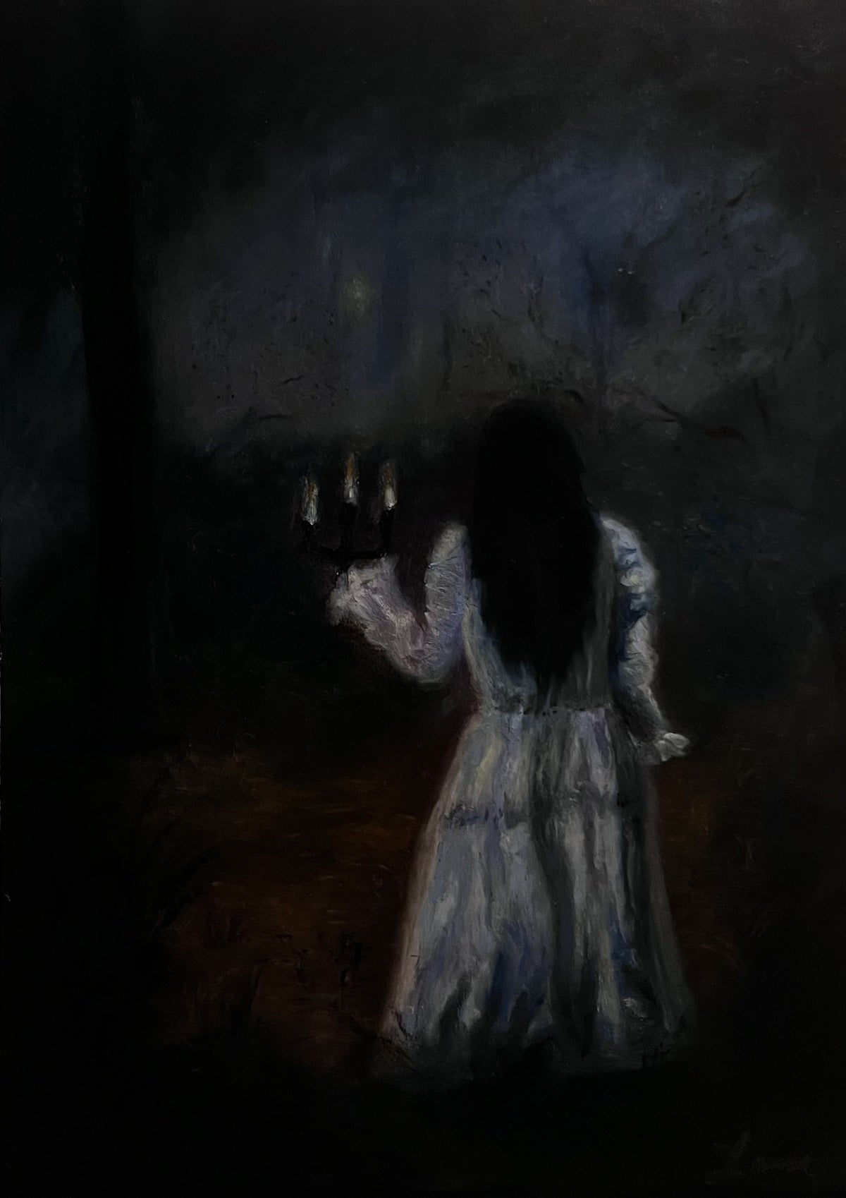 A dark, moody painting of a woman in a long white dress holding a candelabra, viewed from behind in a shadowy forest-like setting at night.